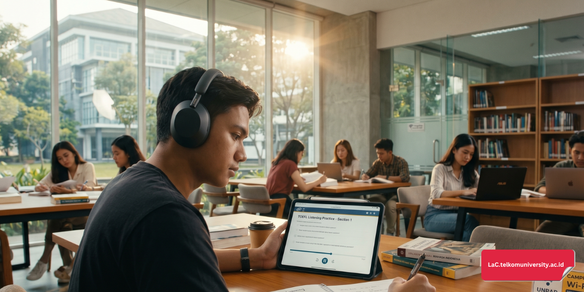 Mahasiswa sedang melakukan persiapan TOEFL ITP dengan serius menggunakan buku dan laptop