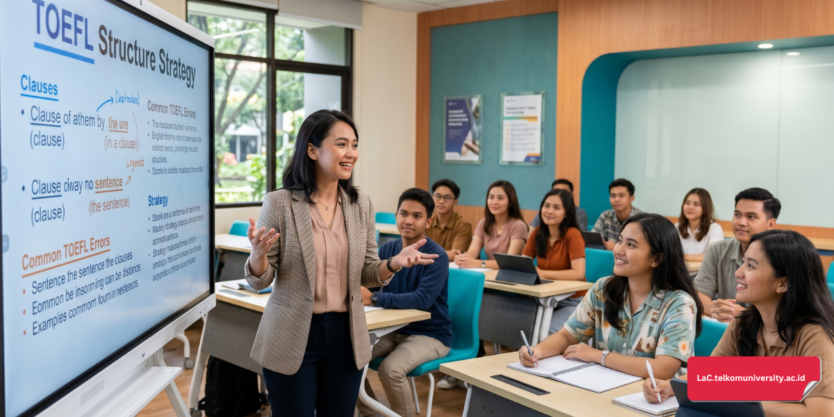 Suasana kelas kursus persiapan TOEFL ITP di Telkom University Language Center yang interaktif
