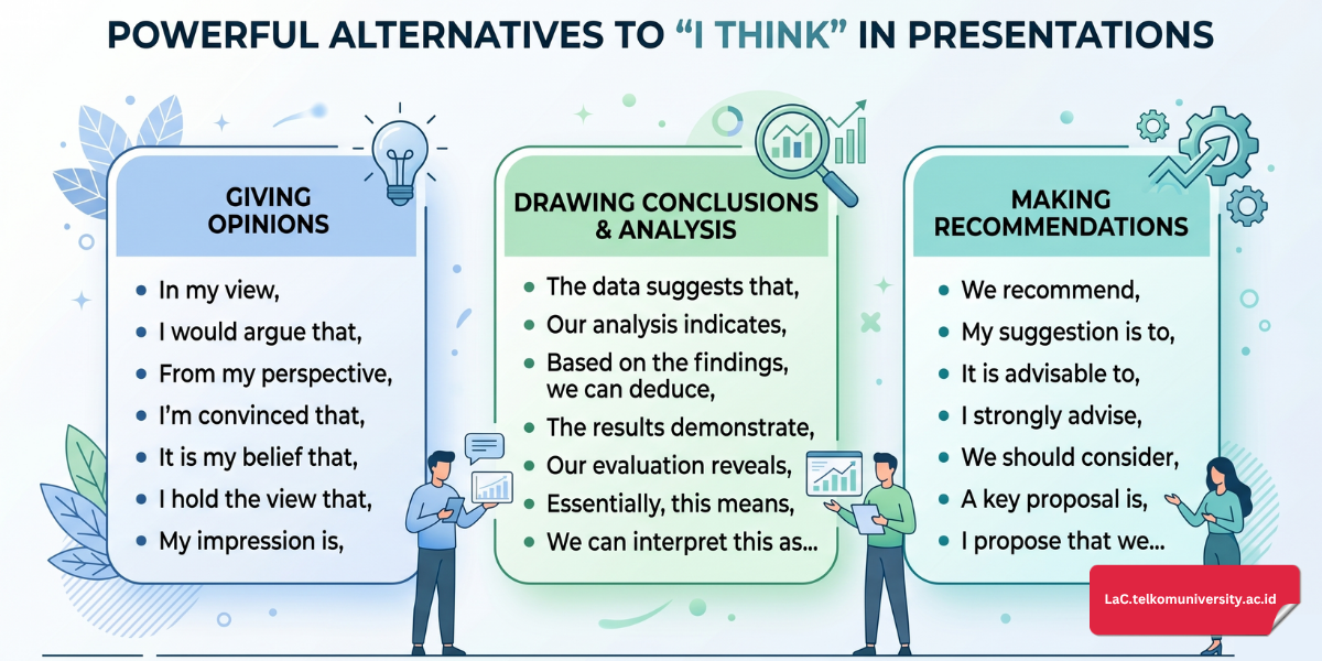infografis frasa bahasa Inggris untuk presentasi pengganti i think berdasarkan kategori