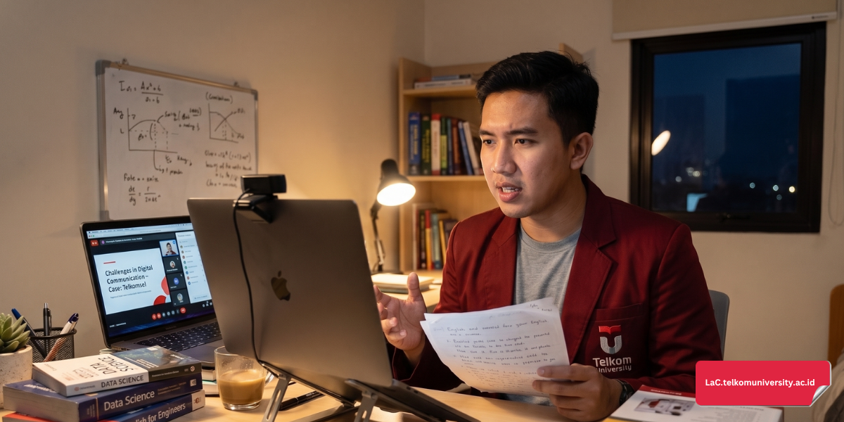 latihan presentasi bahasa Inggris menggunakan frasa pengganti i think di depan cermin