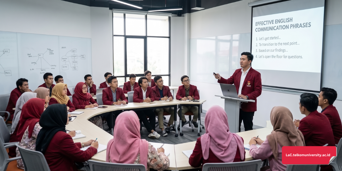 mahasiswa presentasi bahasa Inggris menggunakan frasa pengganti i think di depan kelas