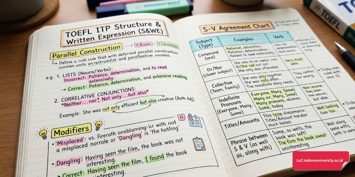 Catatan belajar tips TOEFL ITP bagian structure and written expression dengan rumus grammar dan contoh soal paralel konstruksi