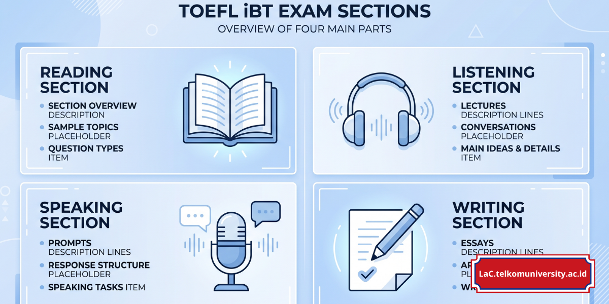 Ilustrasi empat bagian tes TOEFL iBT yaitu Reading, Listening, Speaking, dan Writing dalam satu infografis
