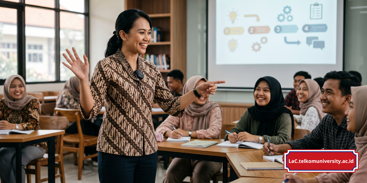 Ilustrasi guru sedang memberikan instruksi dalam bahasa Inggris kepada siswa di kelas dengan menggunakan gesture tangan dan slide presentasi sebagai dukungan visual