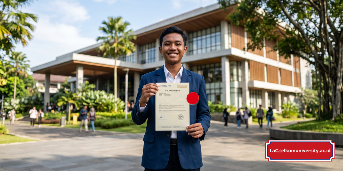 Ilustrasi mahasiswa memegang sertifikat TOEFL ITP dengan latar belakang kampus perguruan tinggi negeri Indonesia