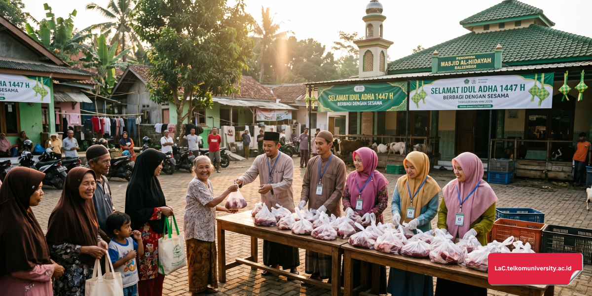 Ilustrasi tradisi kurban dalam bahasa Inggris berupa pembagian daging hewan kurban kepada masyarakat sekitar masjid