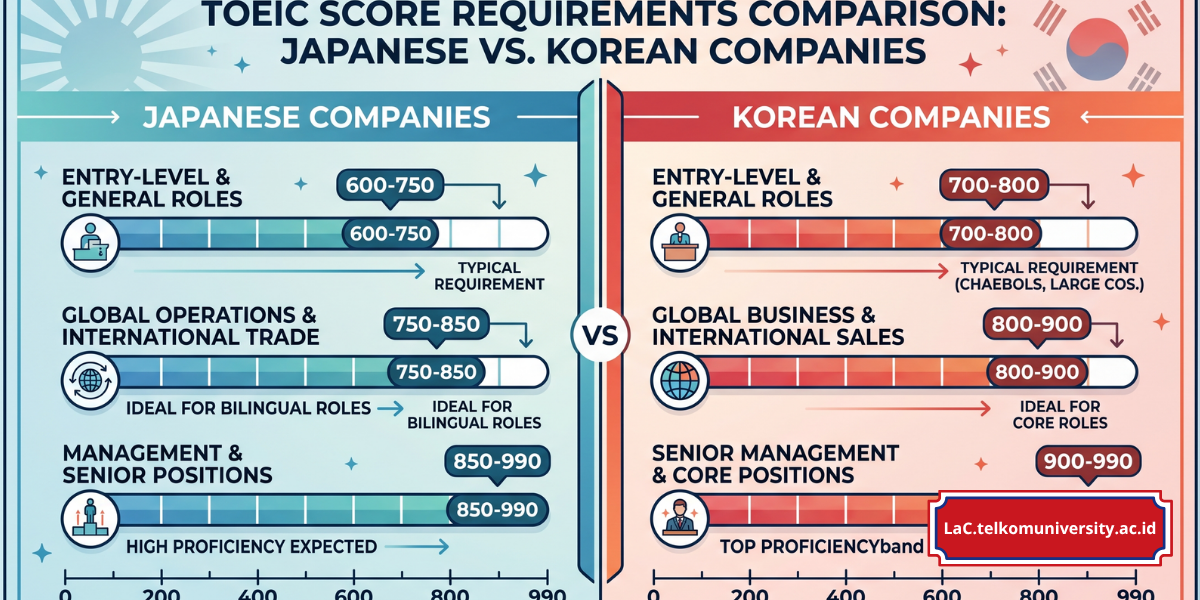 Infografis perbandingan standar skor TOEIC minimal untuk perusahaan Jepang dan perusahaan Korea Selatan