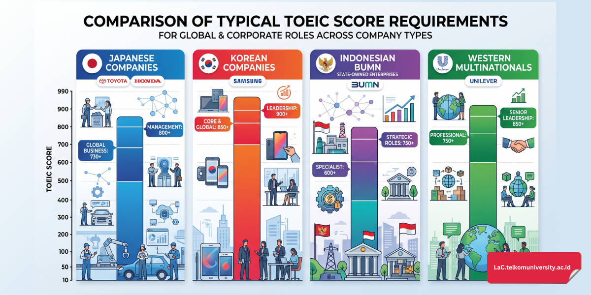 Infografis skor TOEIC perusahaan multinasional berbagai negara mulai dari BUMN Indonesia hingga perusahaan Jepang Korea dan Barat