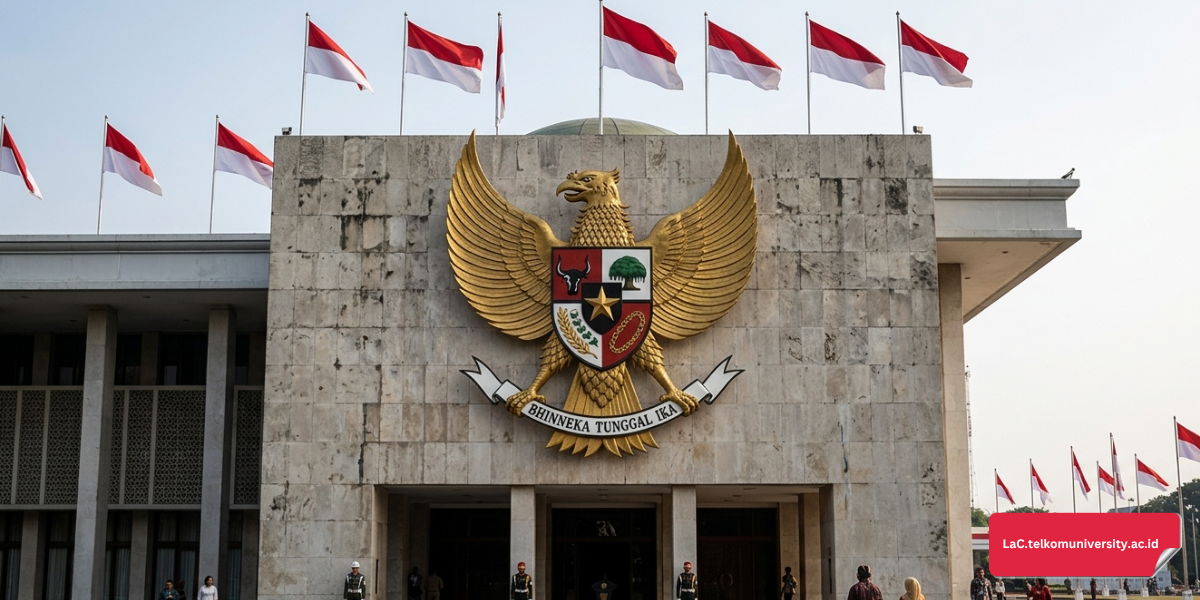 Lambang Garuda Pancasila dengan tulisan kelima sila sebagai referensi terjemahan Pancasila dalam bahasa Inggris