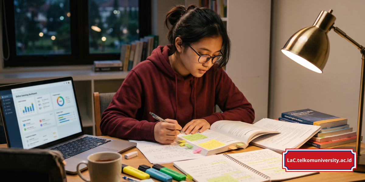 Mahasiswa belajar tips persiapan EPrT menit terakhir dengan fokus pada soal grammar dan listening di meja belajar dengan catatan