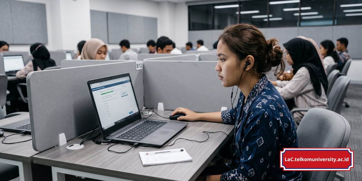 Mahasiswa mengerjakan tes syarat skor EPrT untuk kelulusan Telkom University menggunakan laptop dan headset di ruang tes