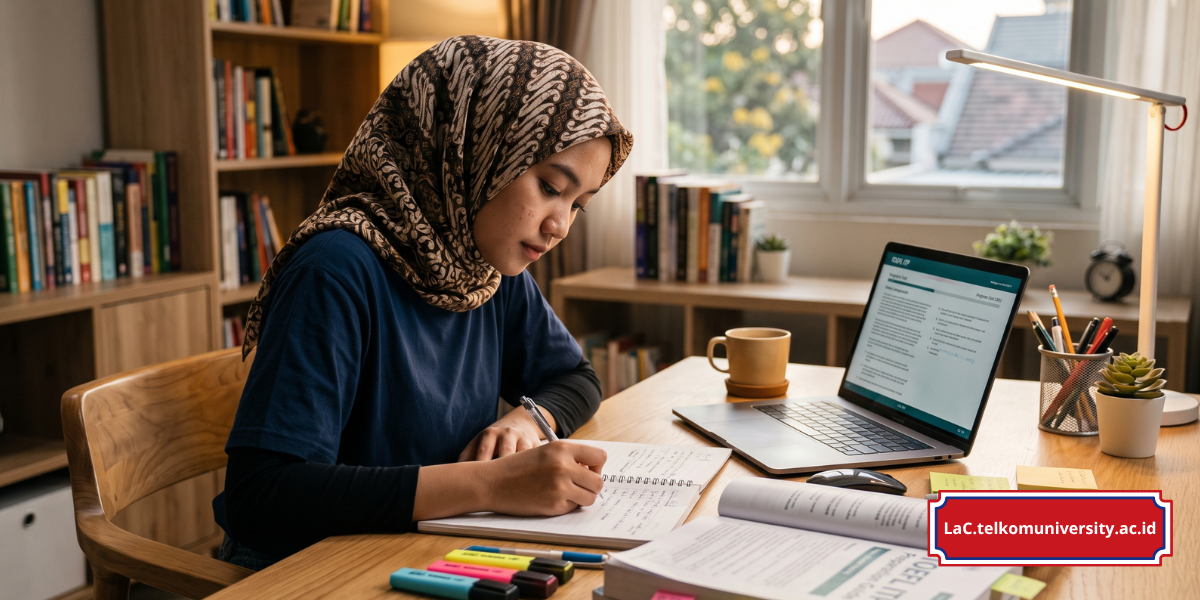 Mahasiswa sedang belajar mempersiapkan tes TOEFL ITP dengan buku dan laptop di meja belajar