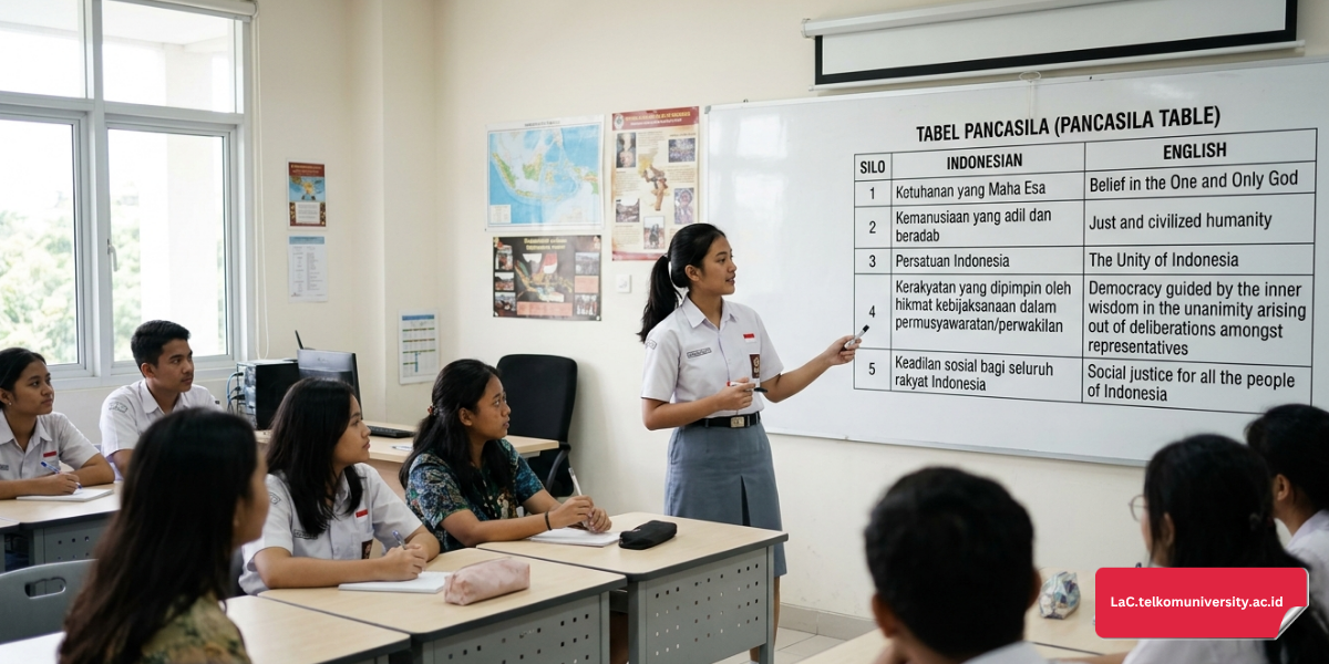Pelajar Indonesia menjelaskan cara menerjemahkan sila Pancasila ke bahasa Inggris kepada teman internasional di depan papan tulis