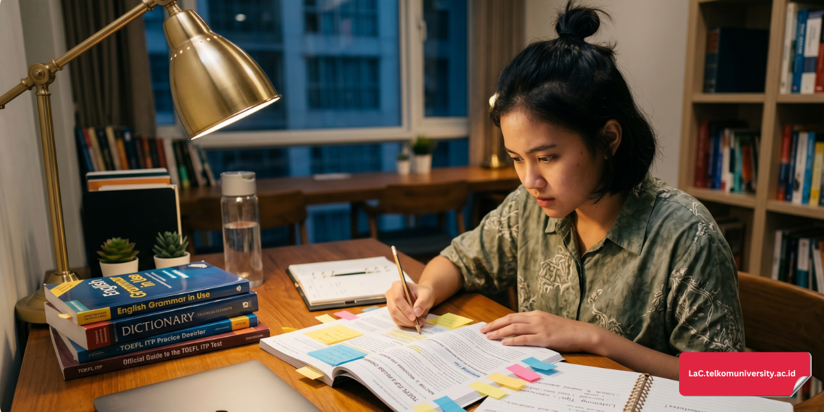 Pelajar muda menganalisis pola soal TOEFL ITP dengan buku latihan terbuka dan catatan strategi di meja belajar