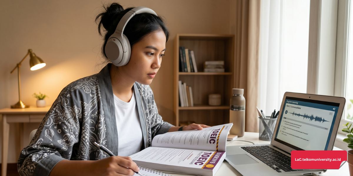 Pemuda sedang belajar persiapan target skor TOEIC kerja dengan buku latihan dan laptop di meja belajar
