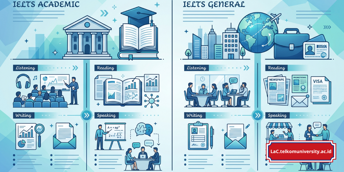 Perbandingan visual sertifikat IELTS Academic dan IELTS General Training dengan ikon tujuan penggunaan masing-masing