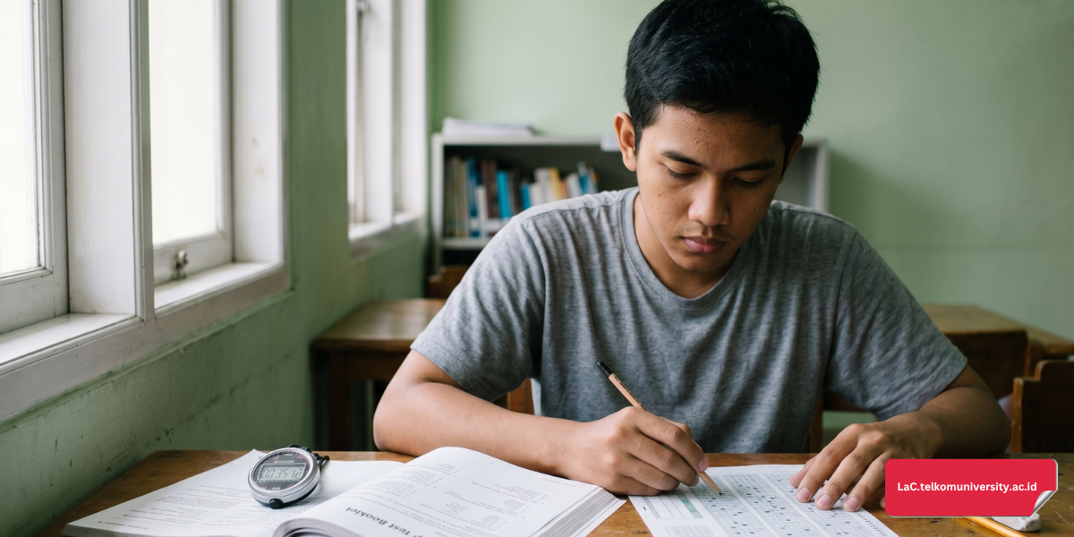 Peserta melakukan simulasi cara meningkatkan skor TOEFL ITP dengan full mock test menggunakan timer dan lembar soal lengkap