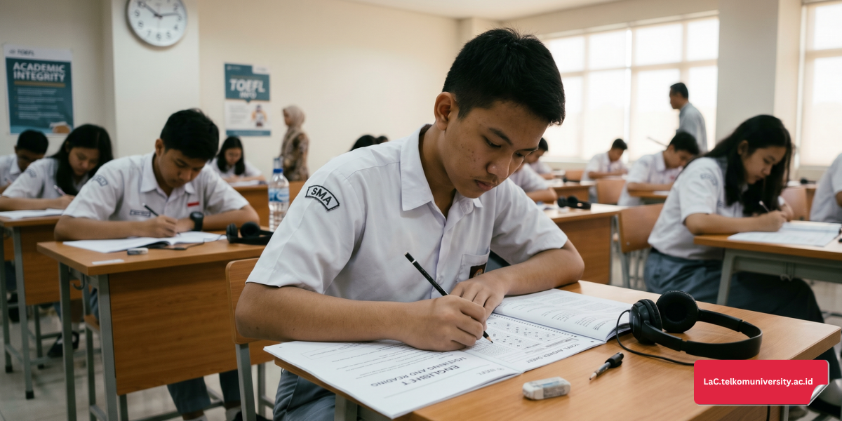 Siswa SMA mengerjakan soal TOEFL ITP untuk siswa SMA di meja ujian dengan lembar soal dan pensil di ruang tes