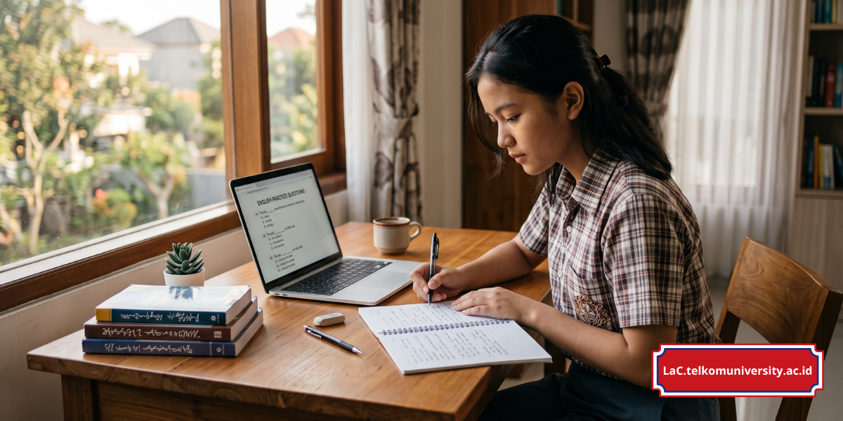 Siswa SMA sedang belajar mempersiapkan TOEFL iBT di depan laptop dengan buku catatan di meja