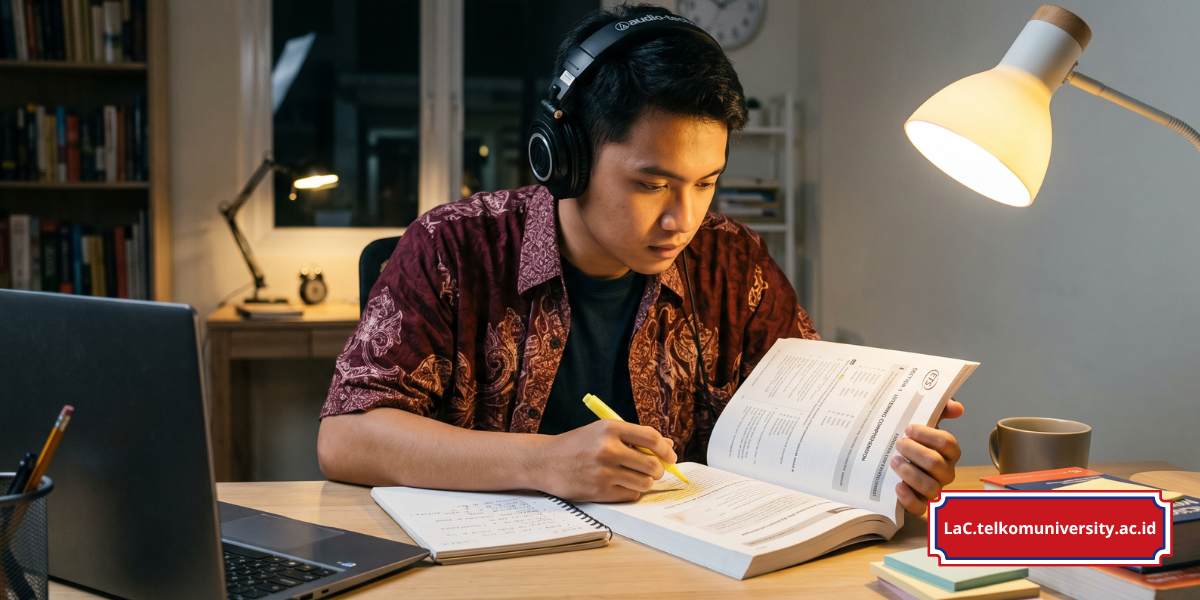 Siswa SMK sedang berlatih soal TOEIC dengan buku persiapan dan headphone di meja belajar