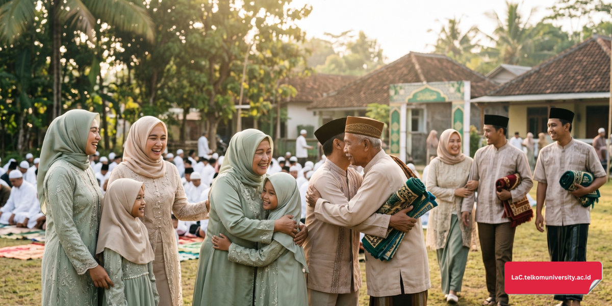 Suasana meriah perayaan kosakata Idul Adha bahasa Inggris dengan keluarga berkumpul dan momen ibadah salat Ied di lapangan terbuka