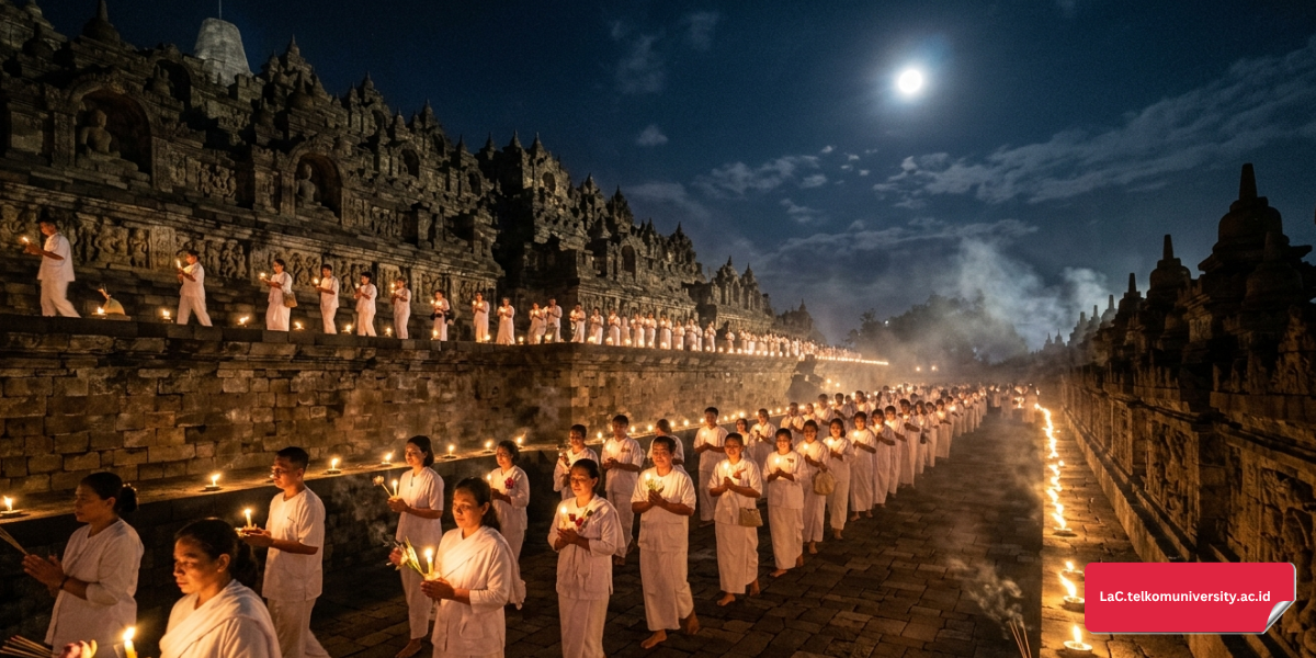 Suasana prosesi lilin perayaan Waisak Vesak Day di Candi Borobudur sebagai konteks belajar bahasa Inggris dari Waisak