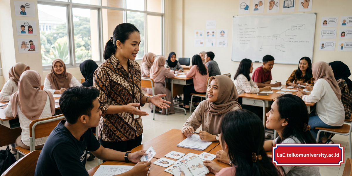 Tabel kumpulan ekspresi classroom language bahasa Inggris untuk guru, dikelompokkan berdasarkan konteks seperti membuka kelas, memberikan instruksi, mengecek pemahaman, dan menutup pelajaran