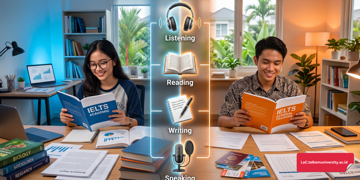 perbedaan format soal IELTS Academic dan General Training dalam tabel perbandingan