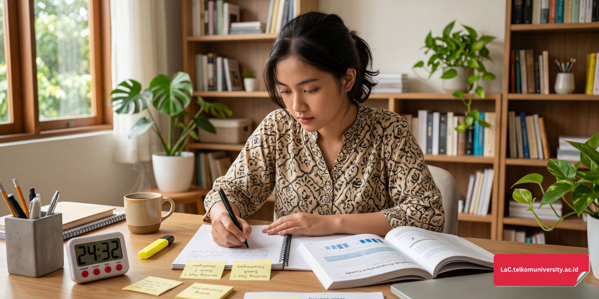seseorang mempersiapkan diri mengerjakan latihan soal IELTS Writing Task di meja belajar