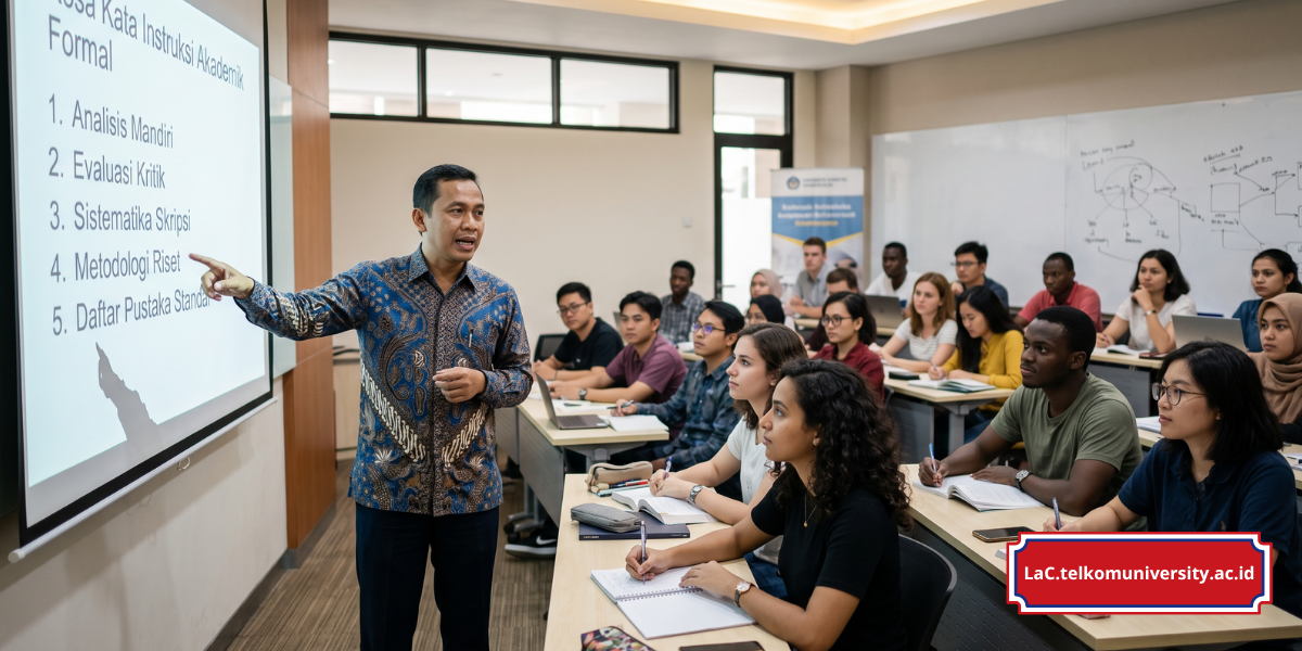 Dosen memberikan instruksi dan penjelasan kepada mahasiswa asing di kelas perkuliahan bahasa Indonesia formal