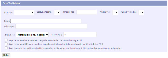 Formulir pendaftaran tes bahasa eprt dan ecct