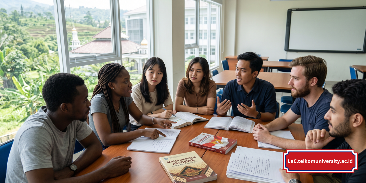 Kelompok mahasiswa internasional berdiskusi menggunakan kosakata akademik bahasa Indonesia di ruang kelas universitas