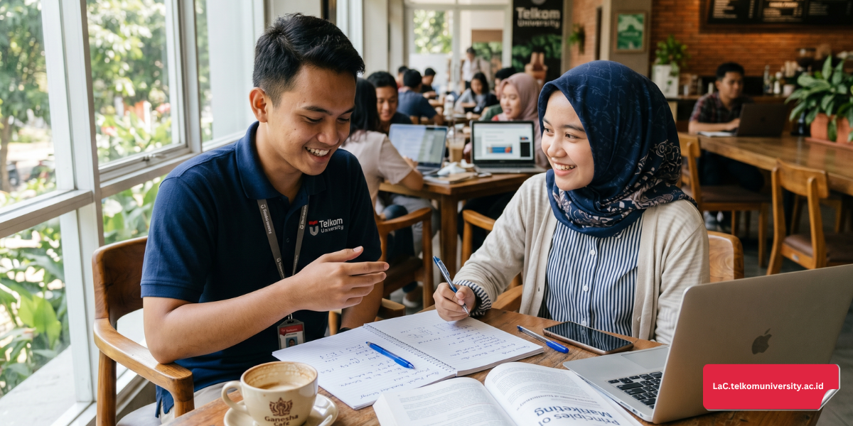 Mahasiswa Muslim berdiskusi tentang kosakata resolusi akademik bahasa Inggris bersama teman di kafe kampus suasana awal tahun baru