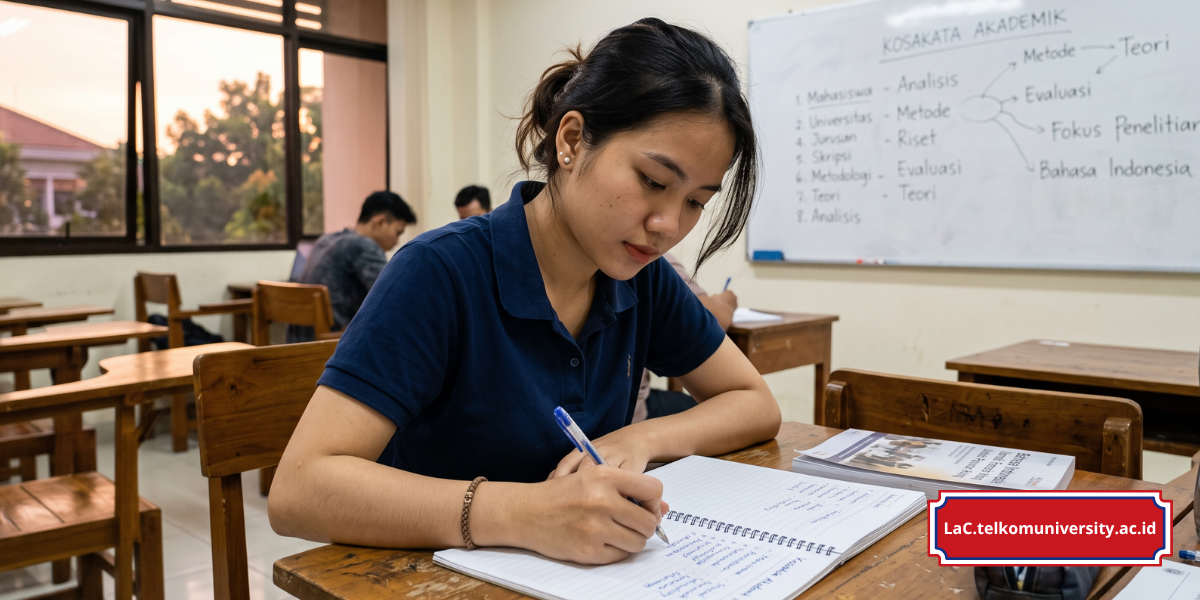 Mahasiswa asing sedang mencatat kosakata akademik bahasa Indonesia di buku tulis saat mengikuti perkuliahan di kampus Indonesia