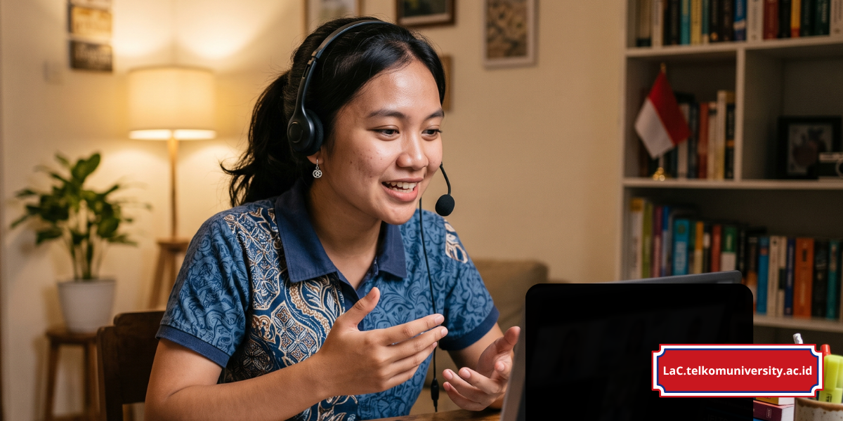 Mahasiswa berlatih speaking bahasa Inggris di depan laptop untuk persiapan tes ECCT