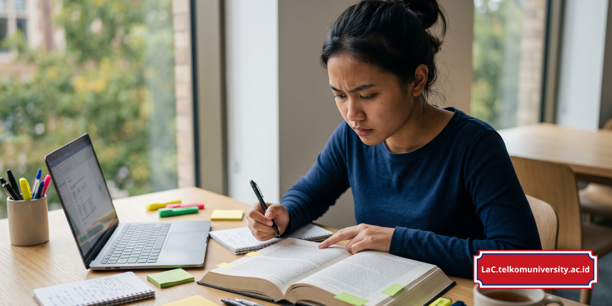 Mahasiswa membaca teks bacaan panjang untuk latihan contoh soal reading EPrT di meja belajar