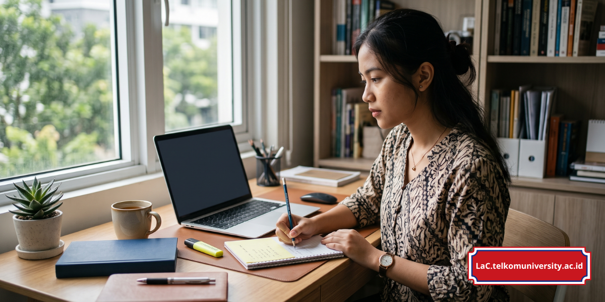 Mahasiswa sedang mengerjakan contoh soal grammar EPrT bagian fill in the blank di laptop