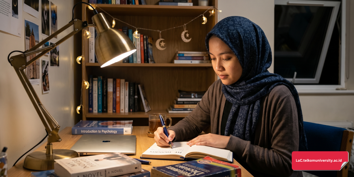 Pelajar Muslim menulis resolusi akademik tahun baru Islam dalam bahasa Inggris di buku catatan dengan latar belakang bulan sabit dan bintang