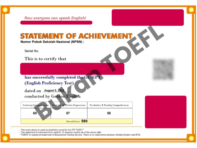 Sertifikat atau dokumen hasil tes bukan TOEFL ITP 3