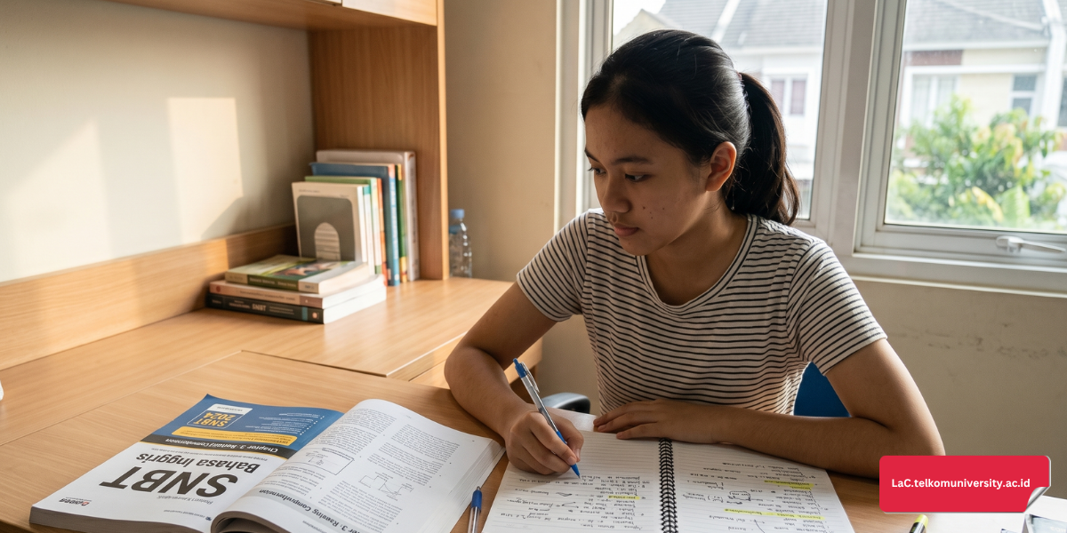 Siswa belajar distractors soal SNBT bahasa Inggris secara mandiri dengan buku latihan dan catatan analisis jawaban di meja belajar
