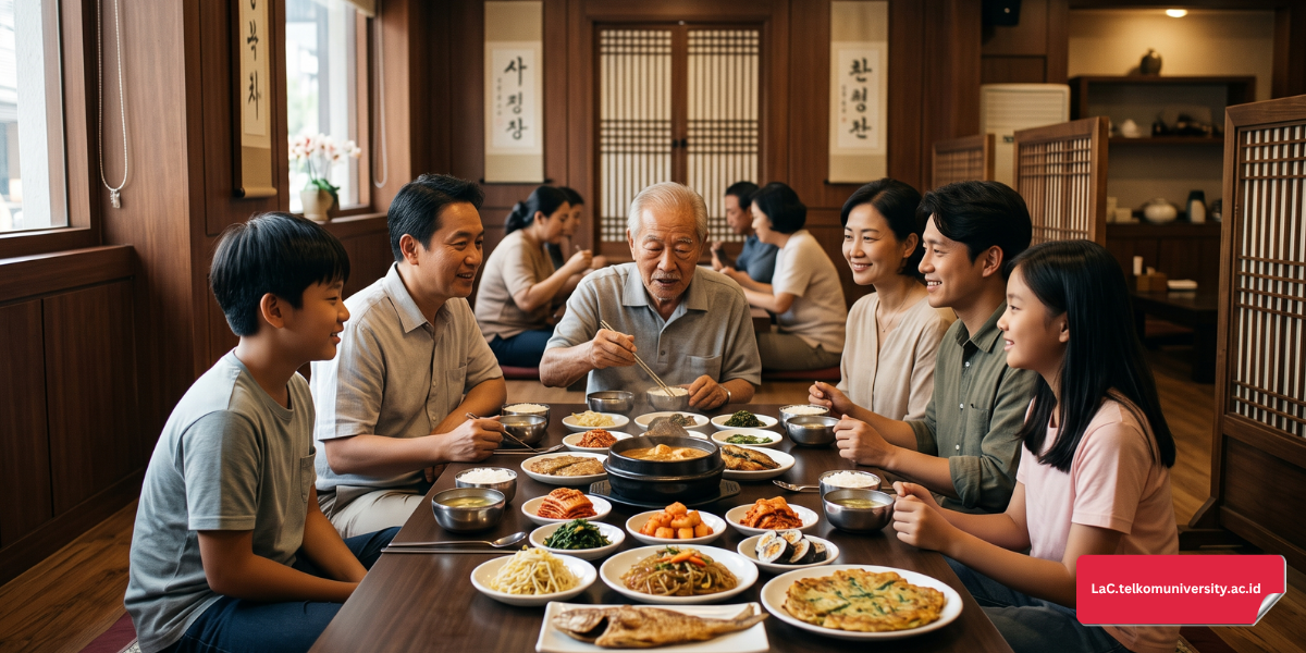Dua orang Korea sedang makan bersama di meja restoran sambil memperhatikan tata krama senior