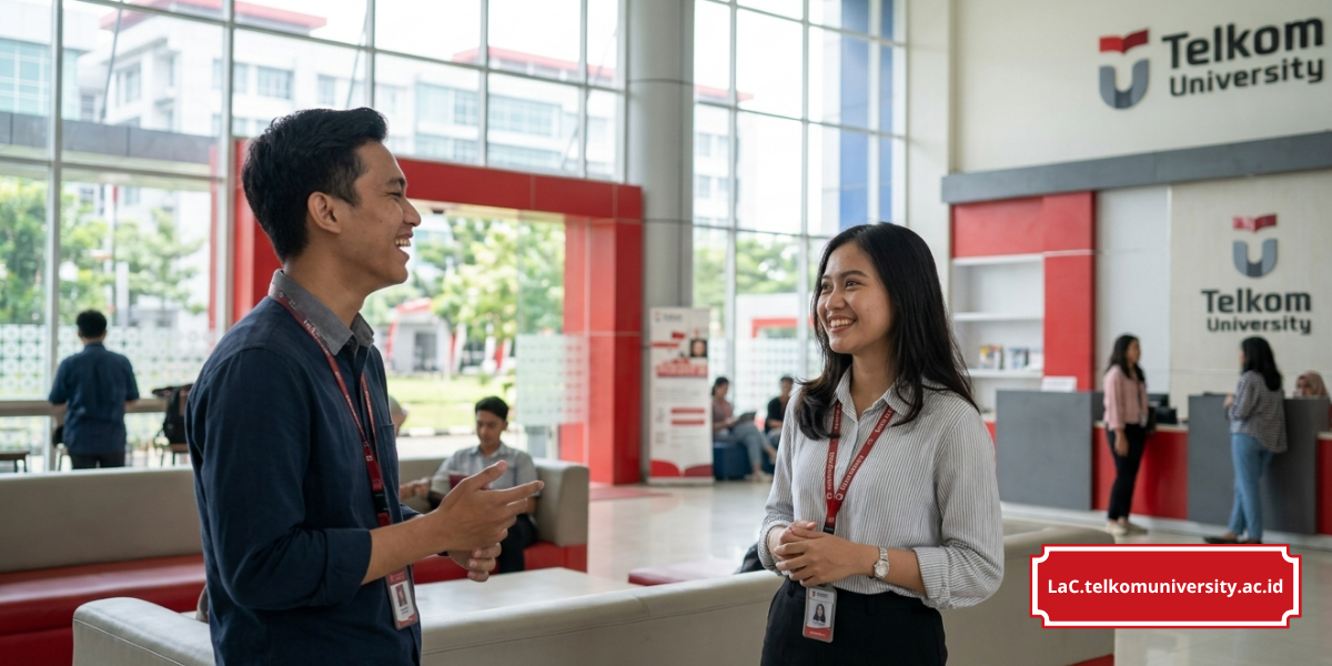 Dua profesional muda melakukan small talk sambil tersenyum di lobi kantor