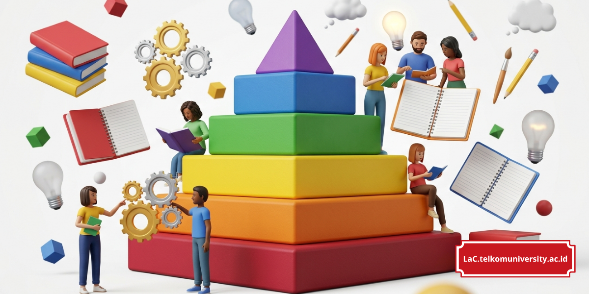 Ilustrasi Bloom's Taxonomy pyramid menunjukkan tingkatan berpikir dari dasar hingga tingkat tinggi.