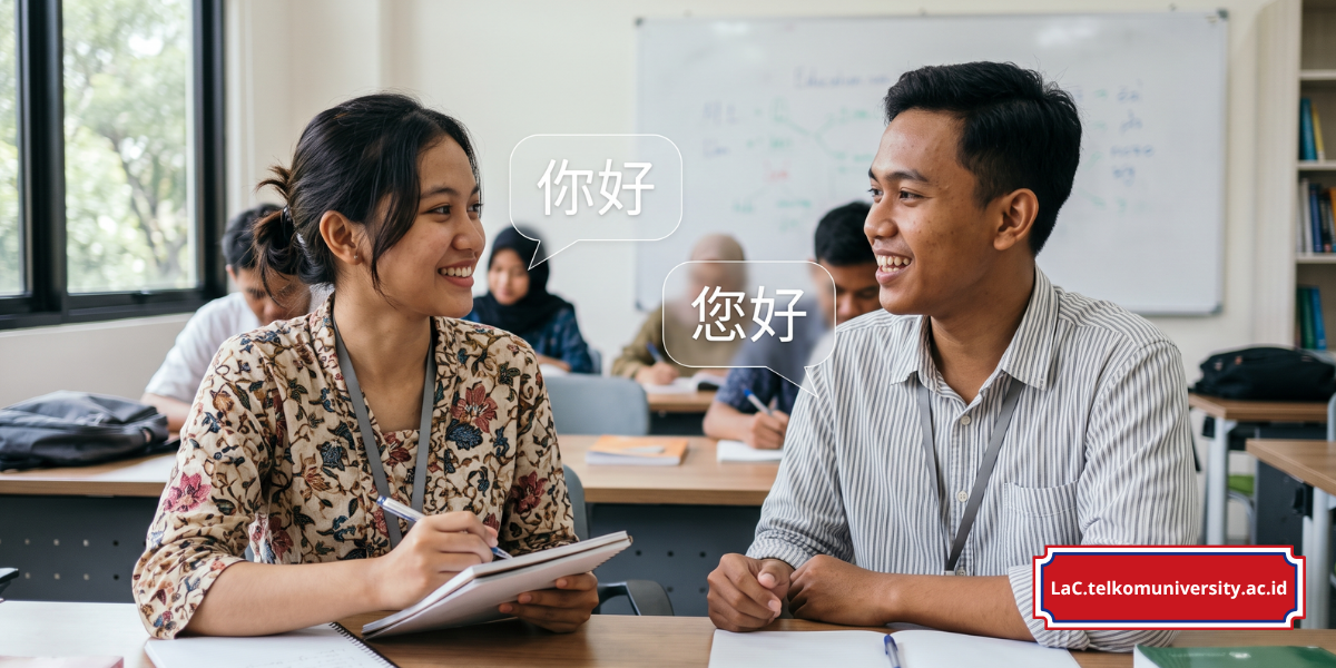 Ilustrasi dua mahasiswa sedang mempraktikkan percakapan sapaan bahasa Mandarin dalam situasi formal dan informal