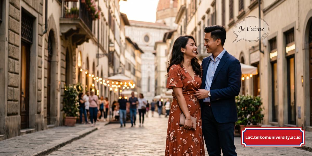 Ilustrasi pasangan muda sedang berbagi momen romantis di Paris dengan latar belakang Menara Eiffel, sambil mengucapkan ungkapan cinta dalam bahasa Prancis