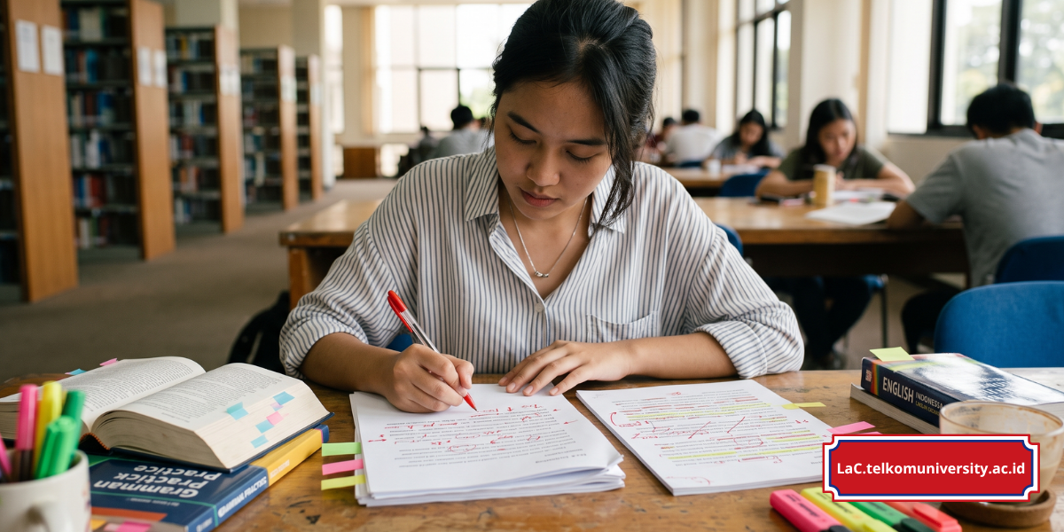 Infografis tujuh kesalahan grammar paling umum dalam IELTS Writing beserta contoh kalimat salah dan koreksinya, disajikan dalam desain berwarna biru dan putih yang bersih
