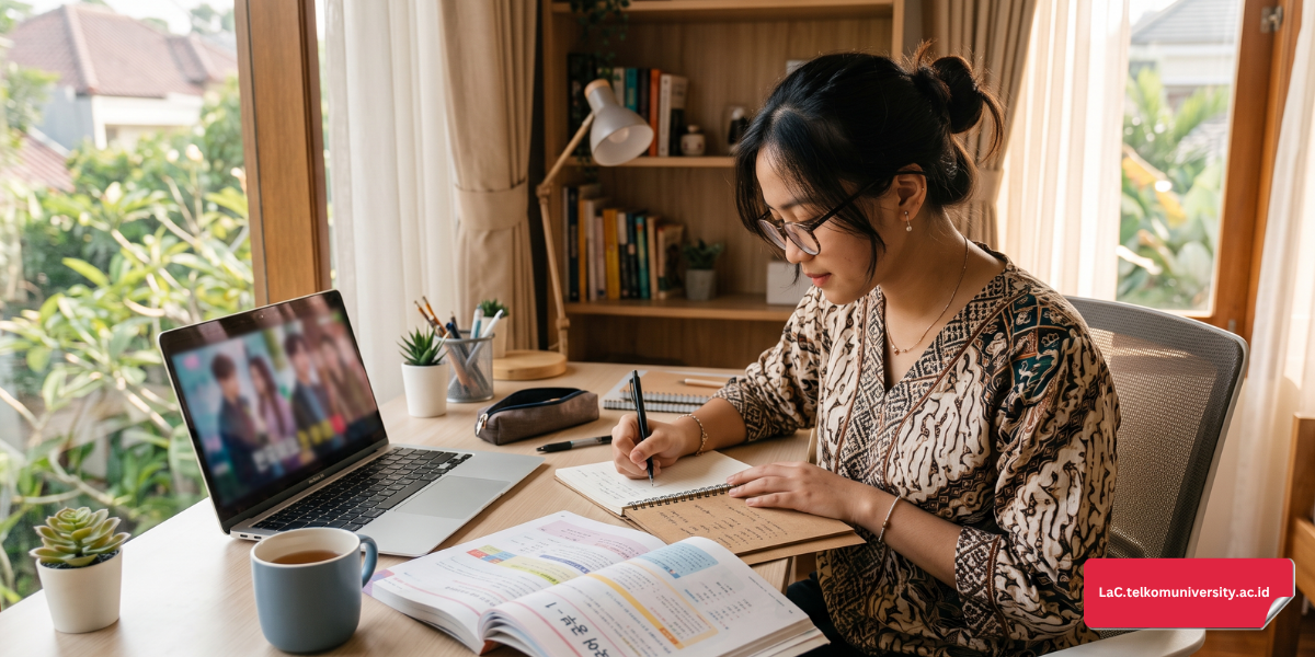 Mahasiswa belajar bahasa Korea sambil menonton drama Korea di laptop