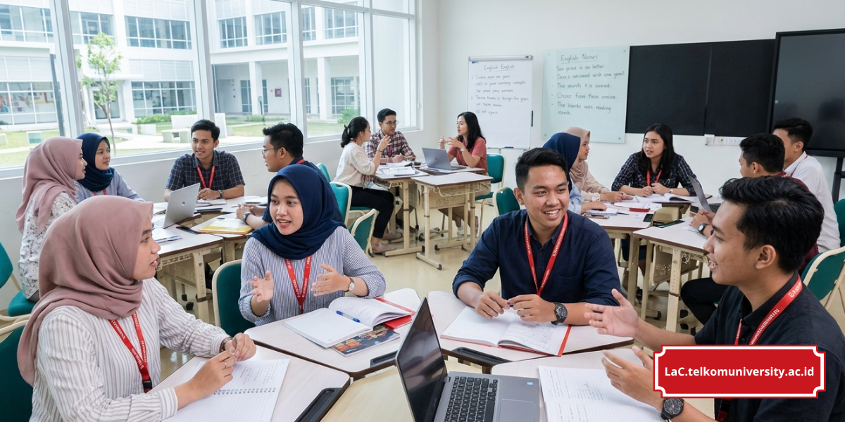 Mahasiswa berlatih percakapan bahasa Inggris dalam kelompok
