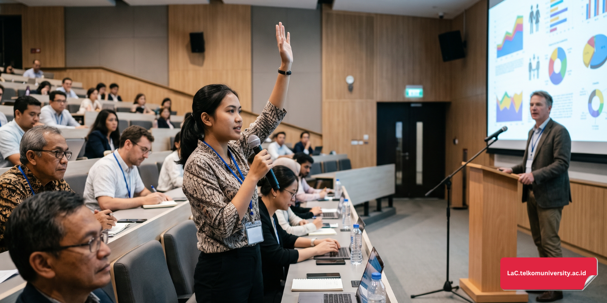 Mahasiswa mengajukan pertanyaan menggunakan bahasa Inggris untuk meeting riset saat sesi diskusi presentasi ilmiah internasional