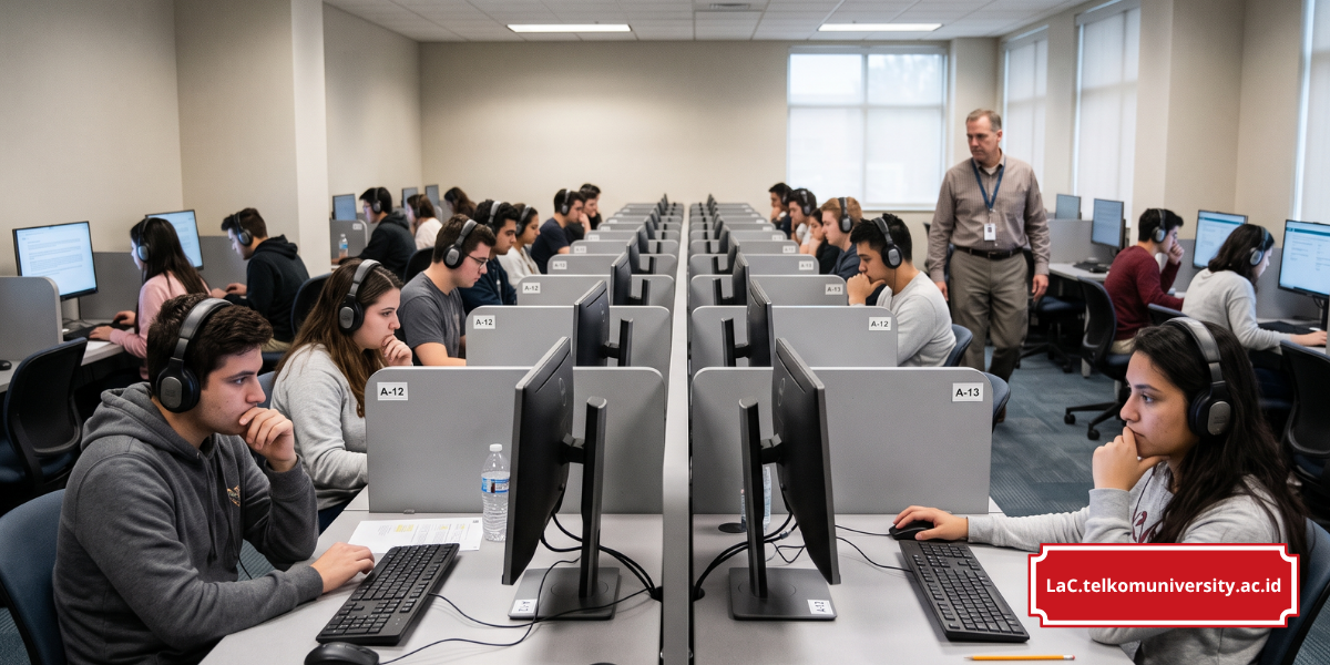 Ruangan test center resmi TOEFL iBT dengan komputer berjejer dan pengawas ujian